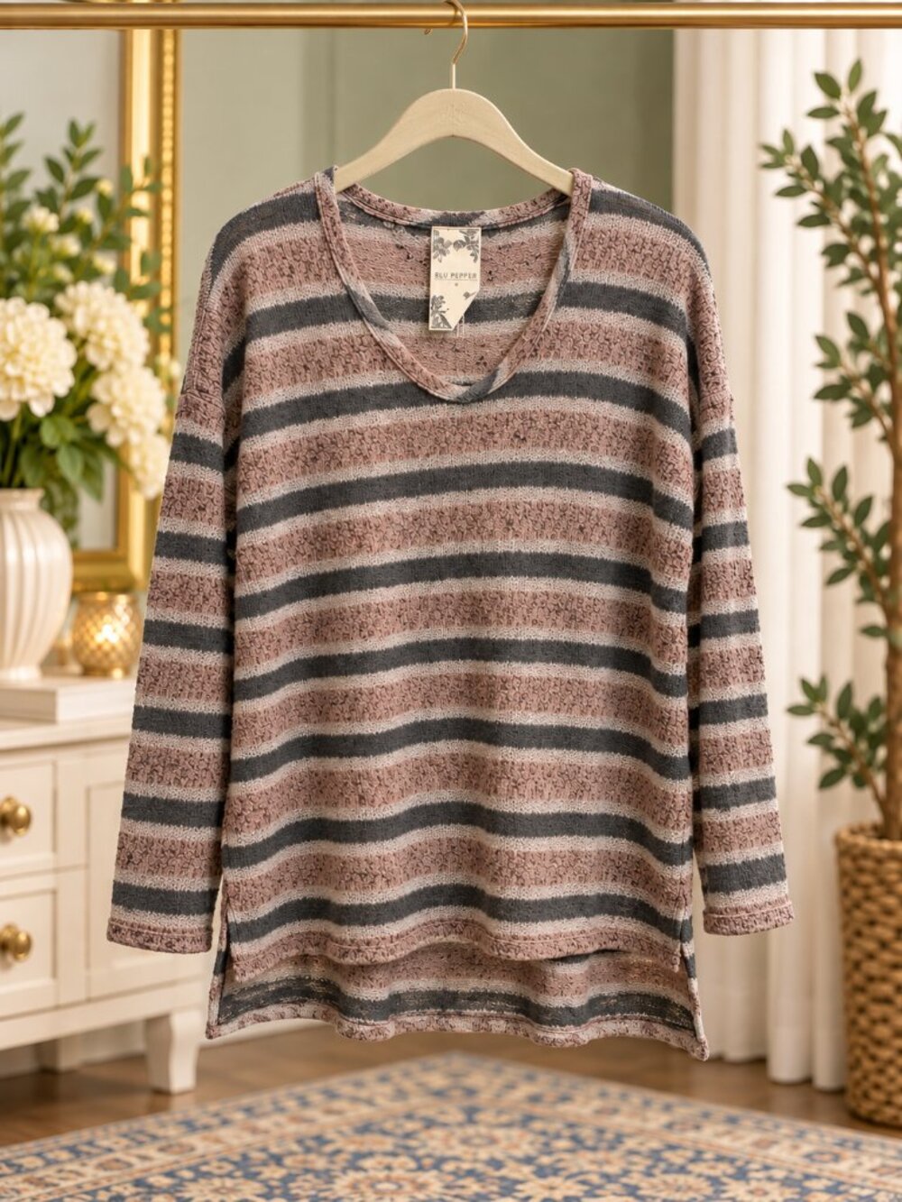 Blu Pepper Striped Open Knit Tunic Sweater Small Brown Gray Boho DB4584